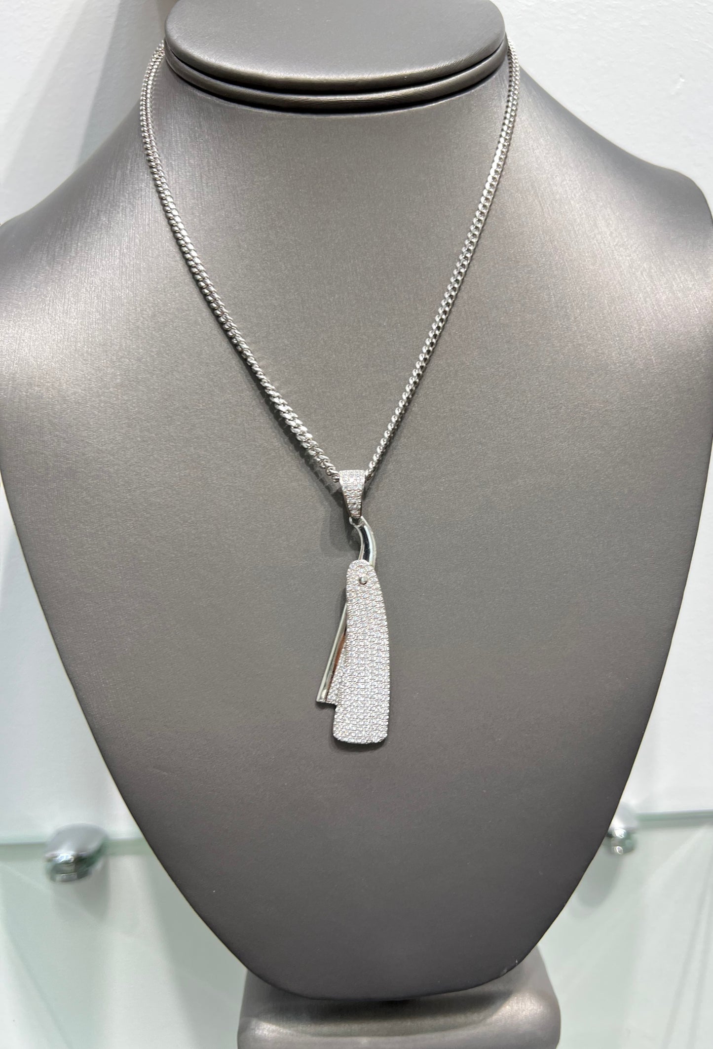 S402- NEW .925 Sterling Silver Barber RazorClear CZ Pendant W.G