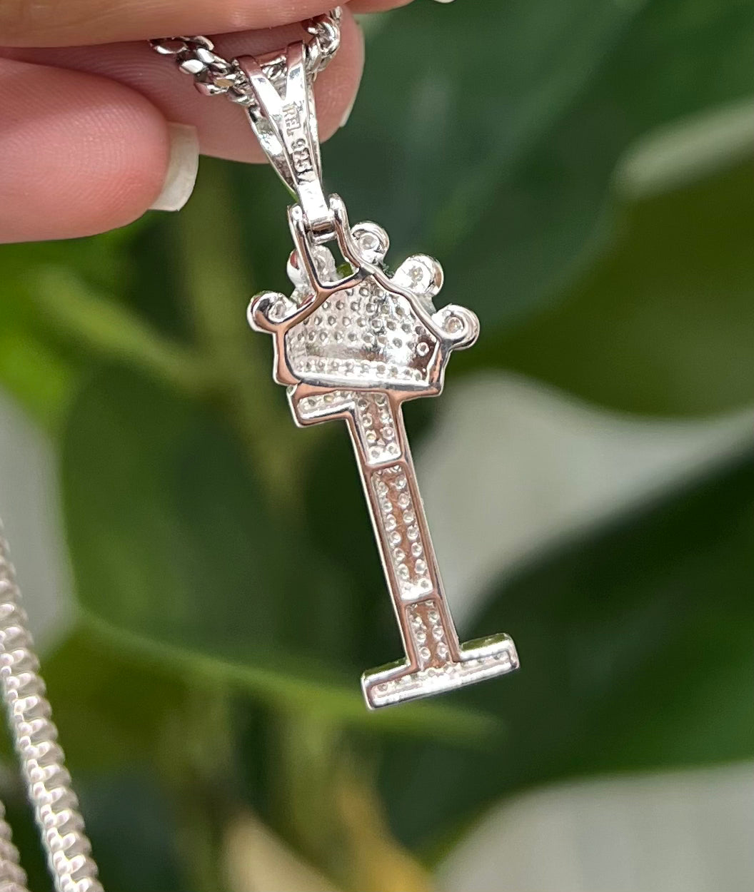 S727- NEW .925 Sterling Silver Letter “I” Crown Pendant W.G