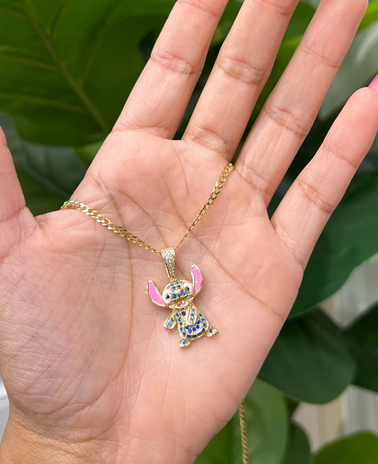 C38- 14K Solid Cuban Chain 18” (2.5mm)& Stitch Cartoon Pendant Set