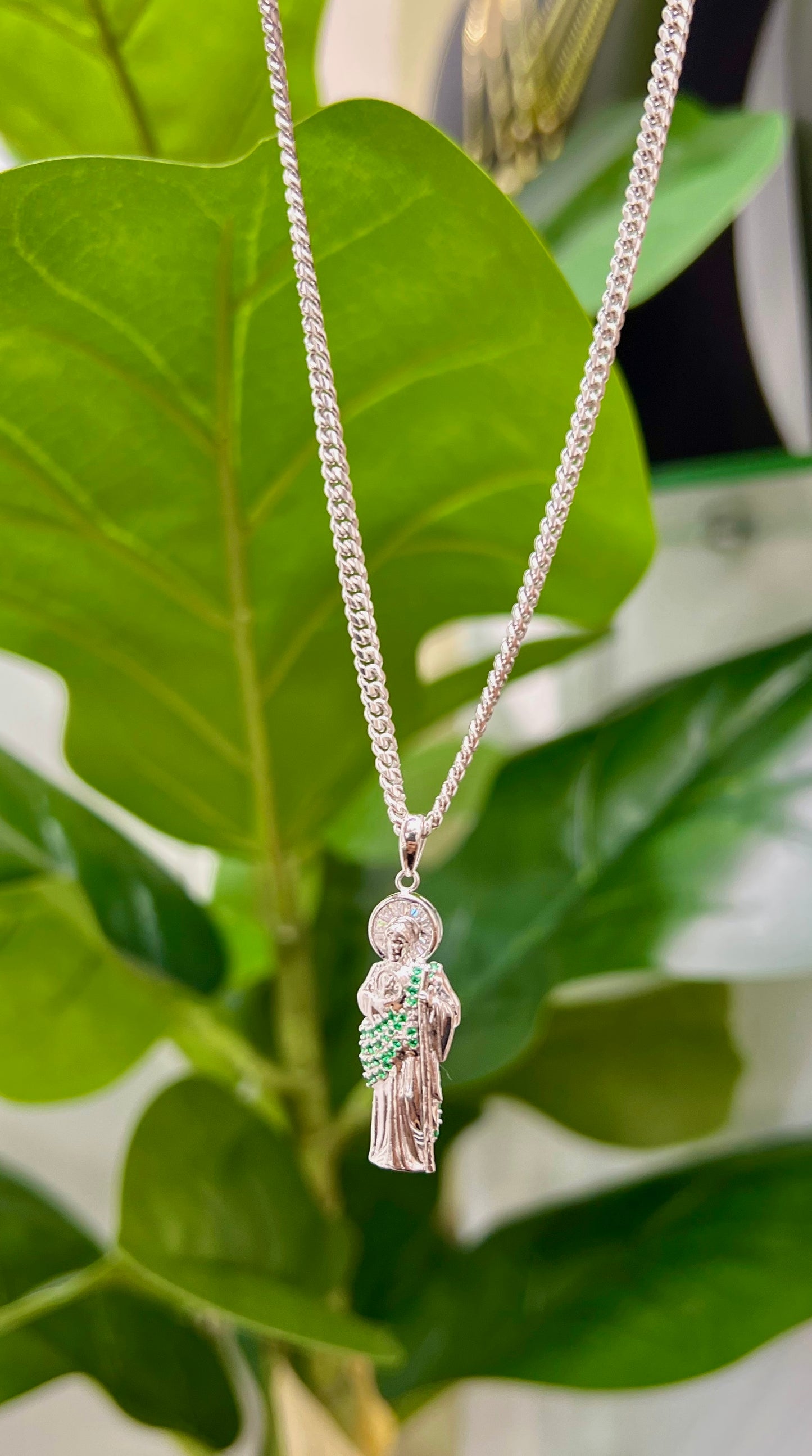 S0010- NEW .925 Sterling Silver St. Jude 3D Green Cz Pendant W.G
