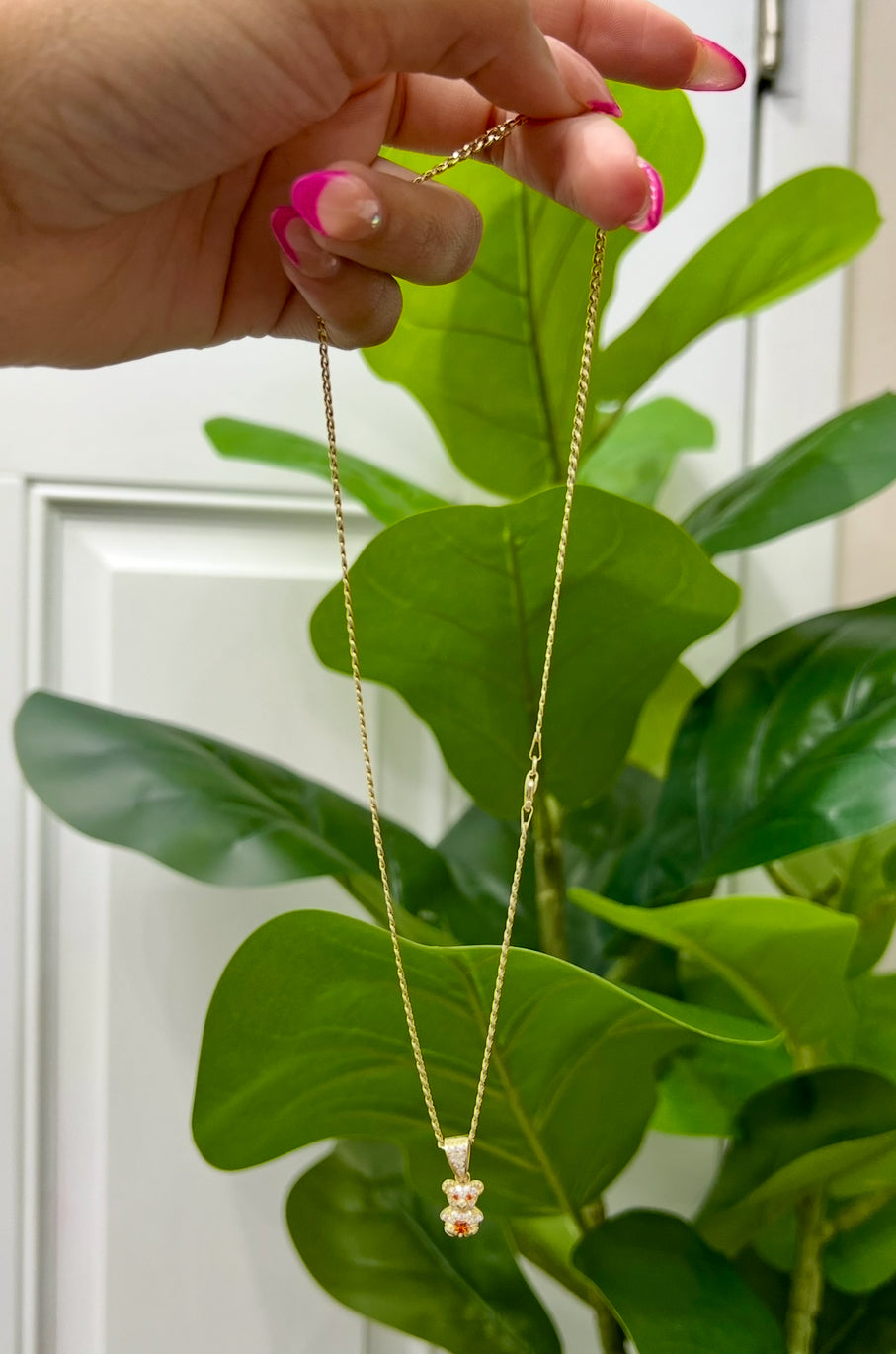 C41- NEW 14K Semi Solid Cuban Chain 16” (2.5mm) & Tiny Teddy Bear Pendant Set W.G