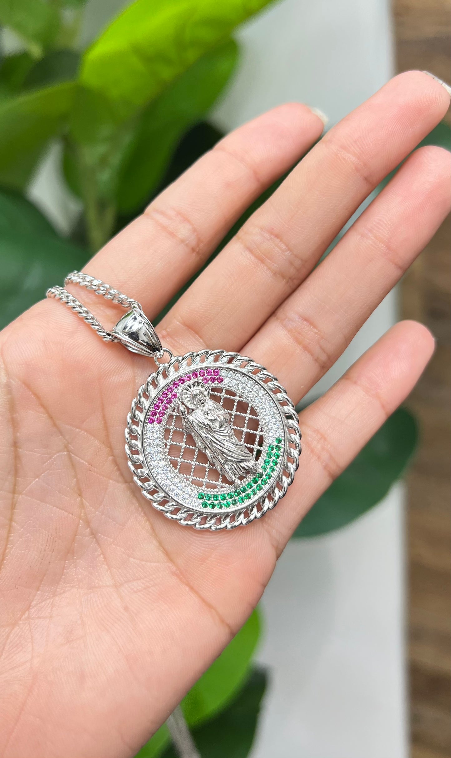 S491- .925 Sterling Silver St. Jude Round Pendant 35mm W.G