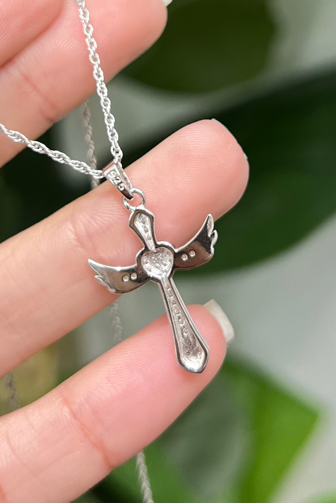 S570- NEW .925 Sterling Silver Cross & Wings Pendant W.G