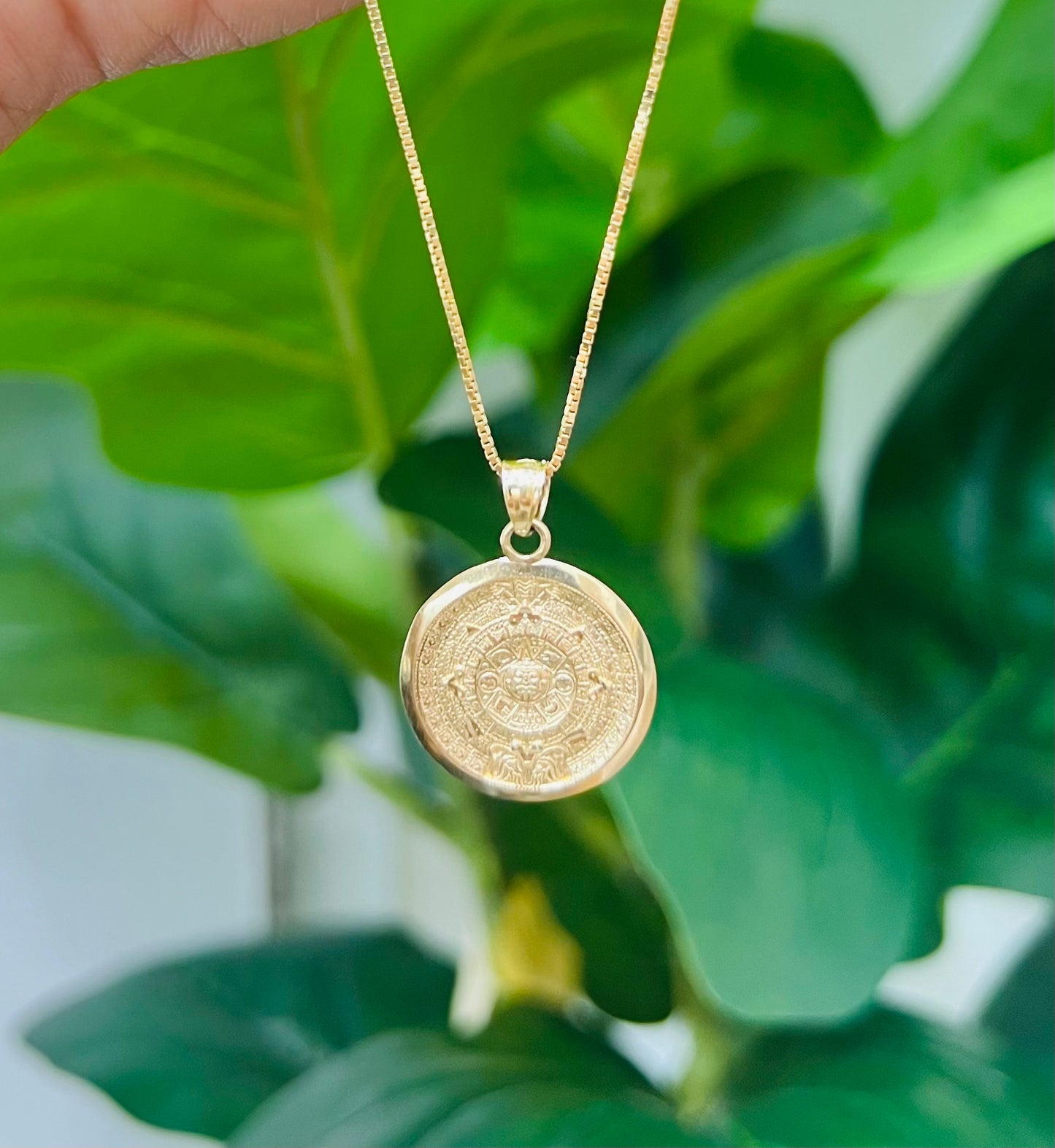 239- NEW 14K Solid Aztec Mayan Sun Calendar Azteca Pendant - W.G