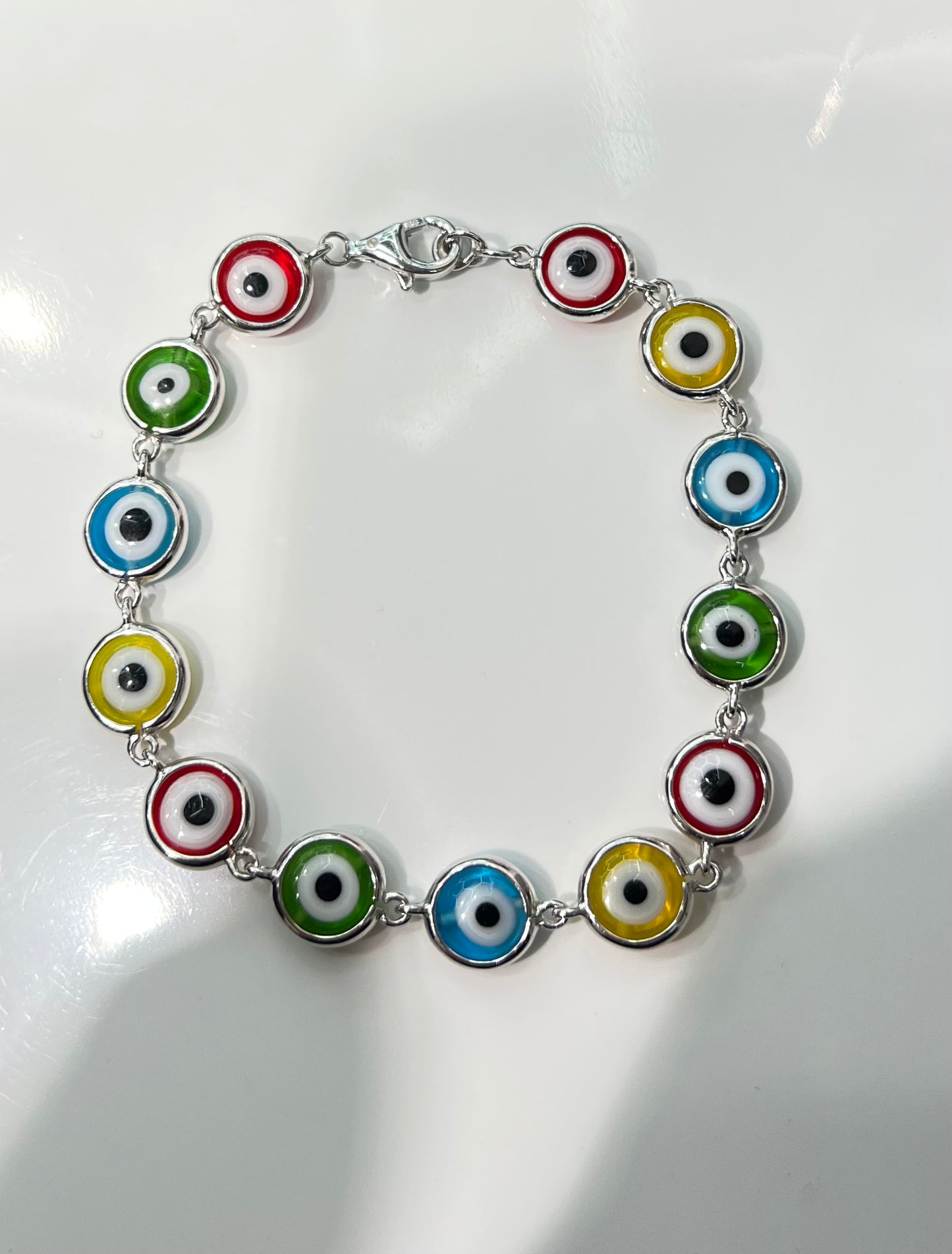 S423- NEW .925 Sterling Silver Colorful Evil Eye Bracelet W.G
