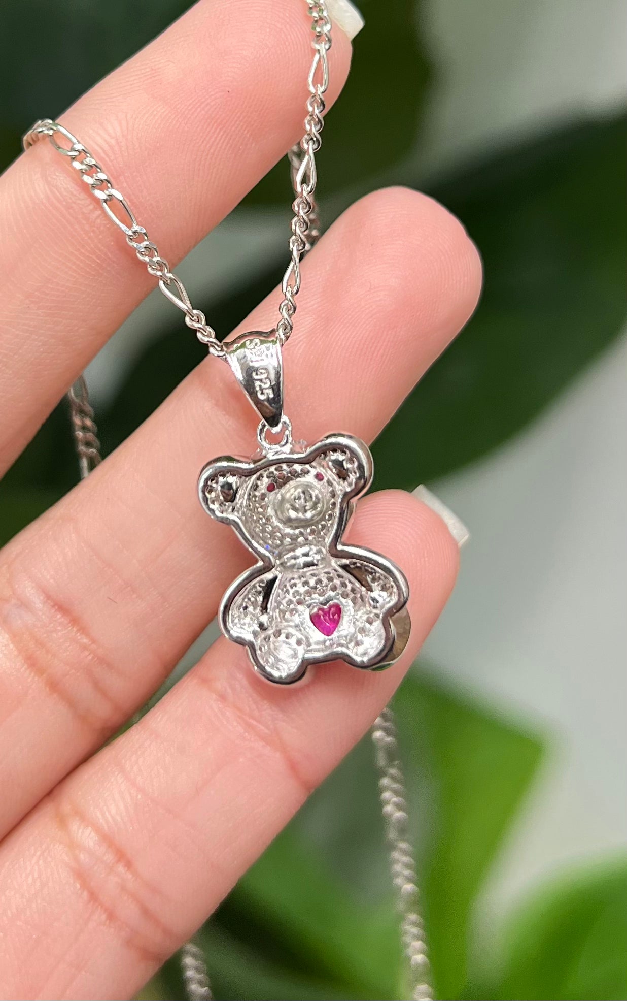 S629- NEW .925 Sterling Silver Teddy Bear Heart Pendant- W.G