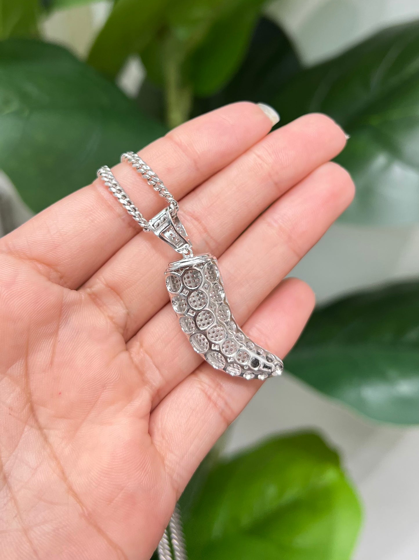 S400- 925 Sterling Silver Full CZ Tiger Tooth Pendant W.G