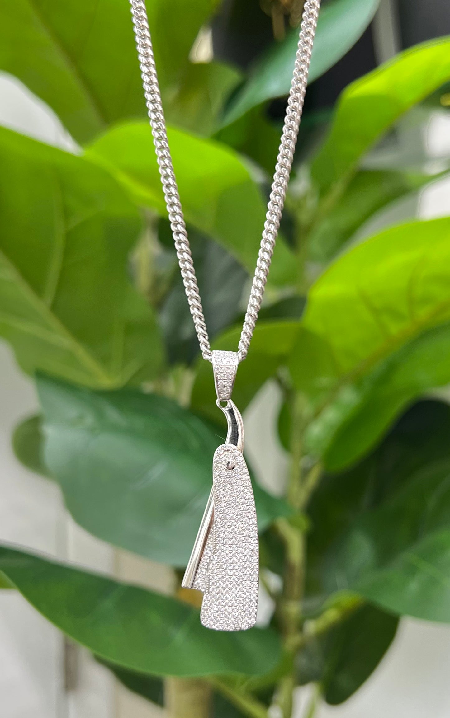 S402- NEW .925 Sterling Silver Barber RazorClear CZ Pendant W.G