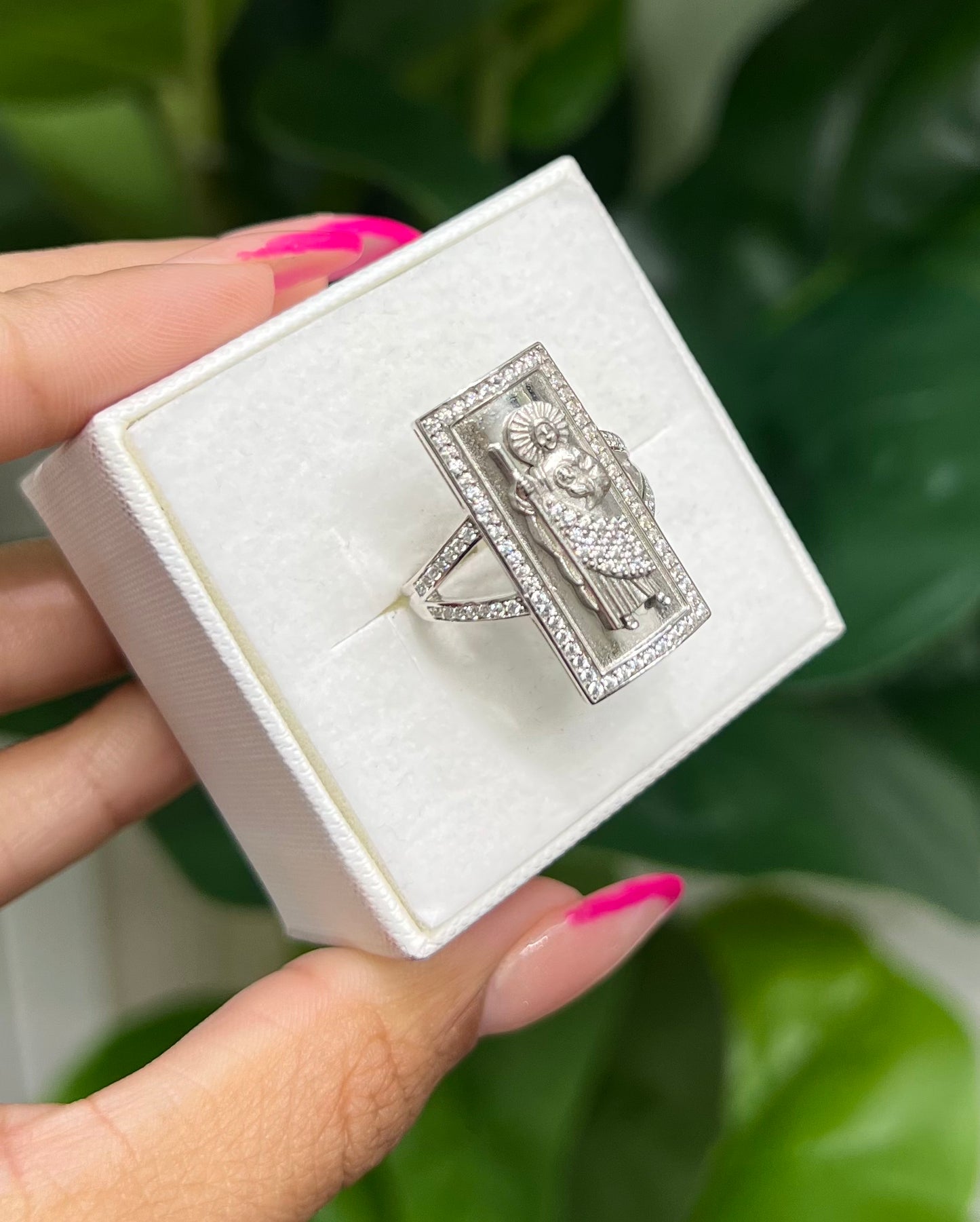 S1138- NEW .925 Sterling Silver St. Jude Square Ring W.G