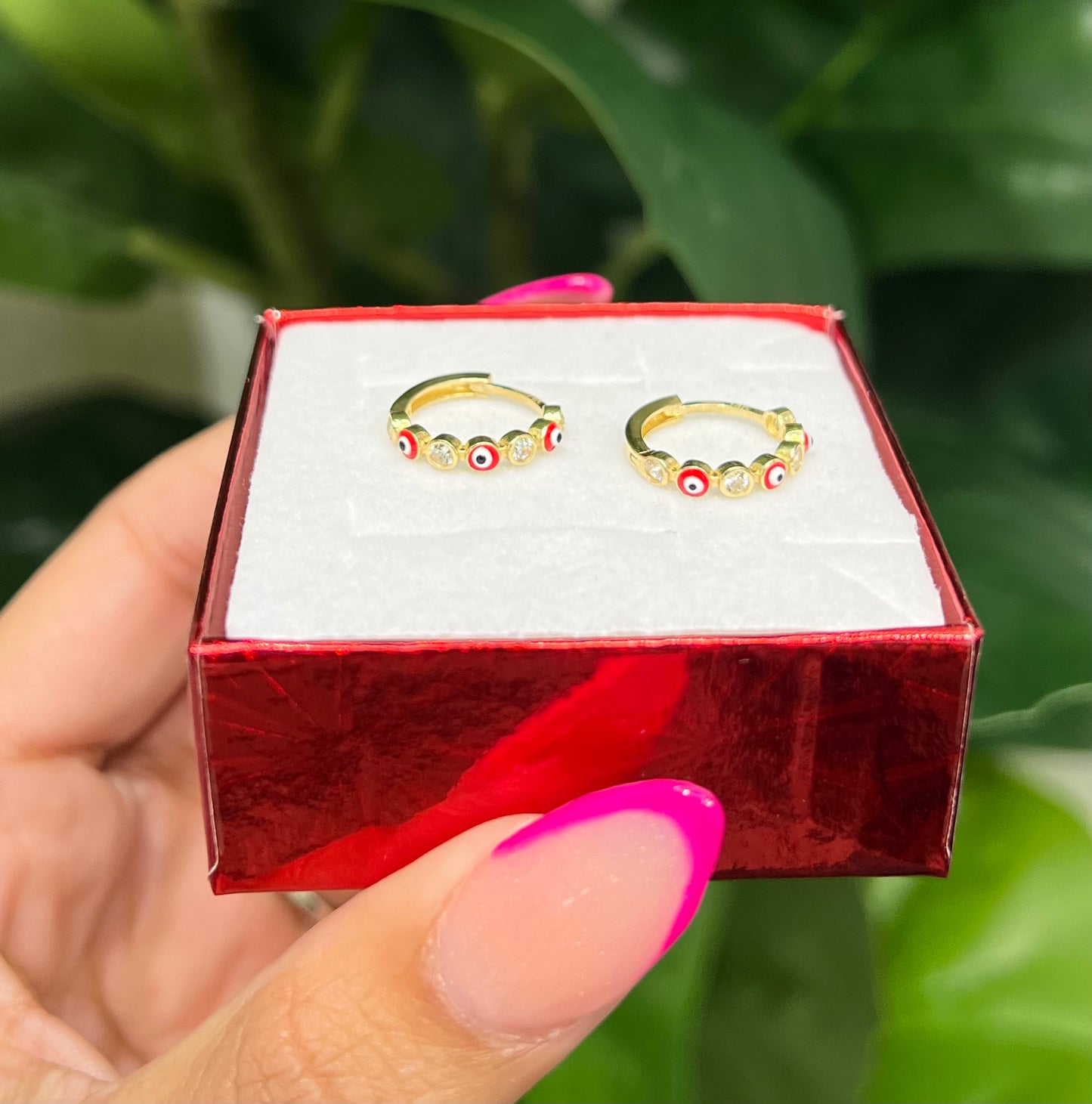 1137- NEW 14K Evil Eye Red Hoop Earrings W.G
