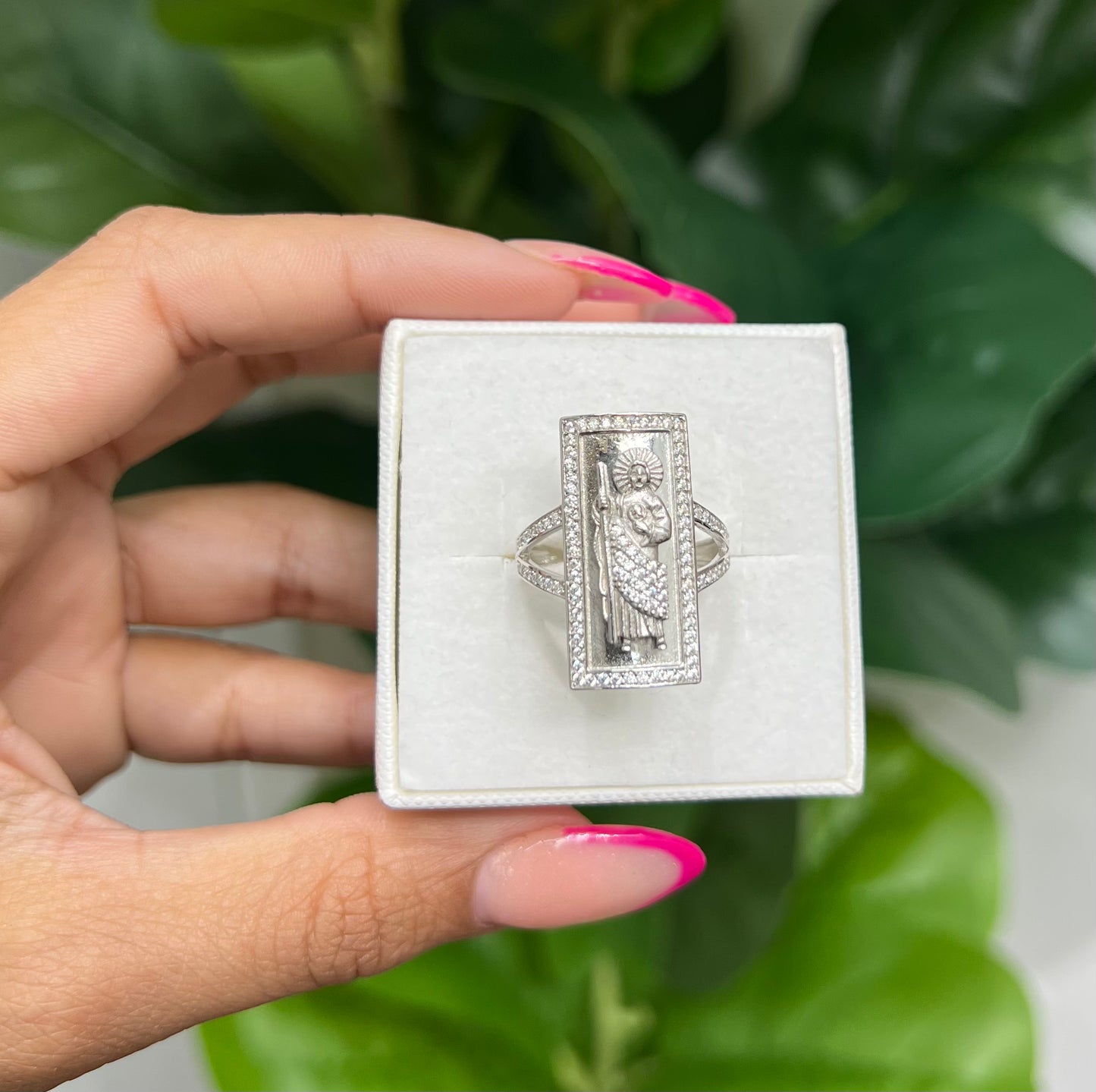 S1138- NEW .925 Sterling Silver St. Jude Square Ring W.G