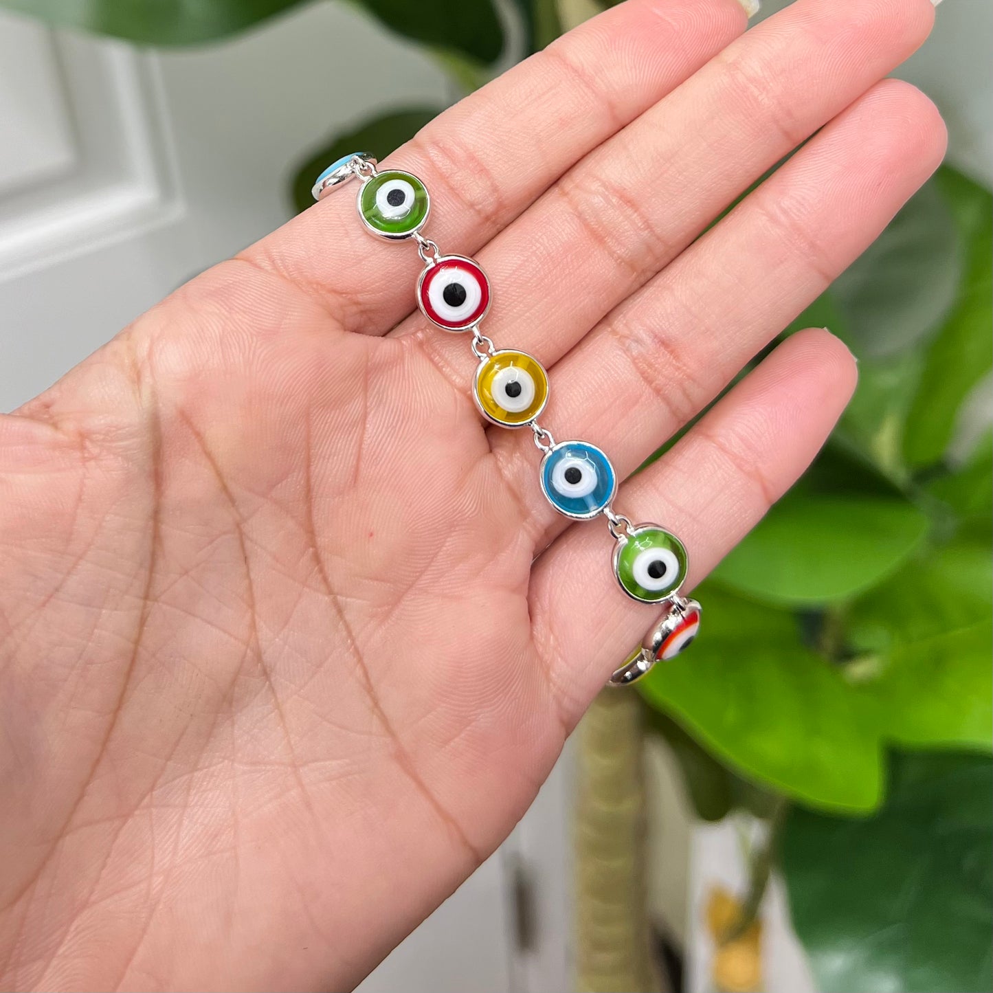 S423- NEW .925 Sterling Silver Colorful Evil Eye Bracelet W.G