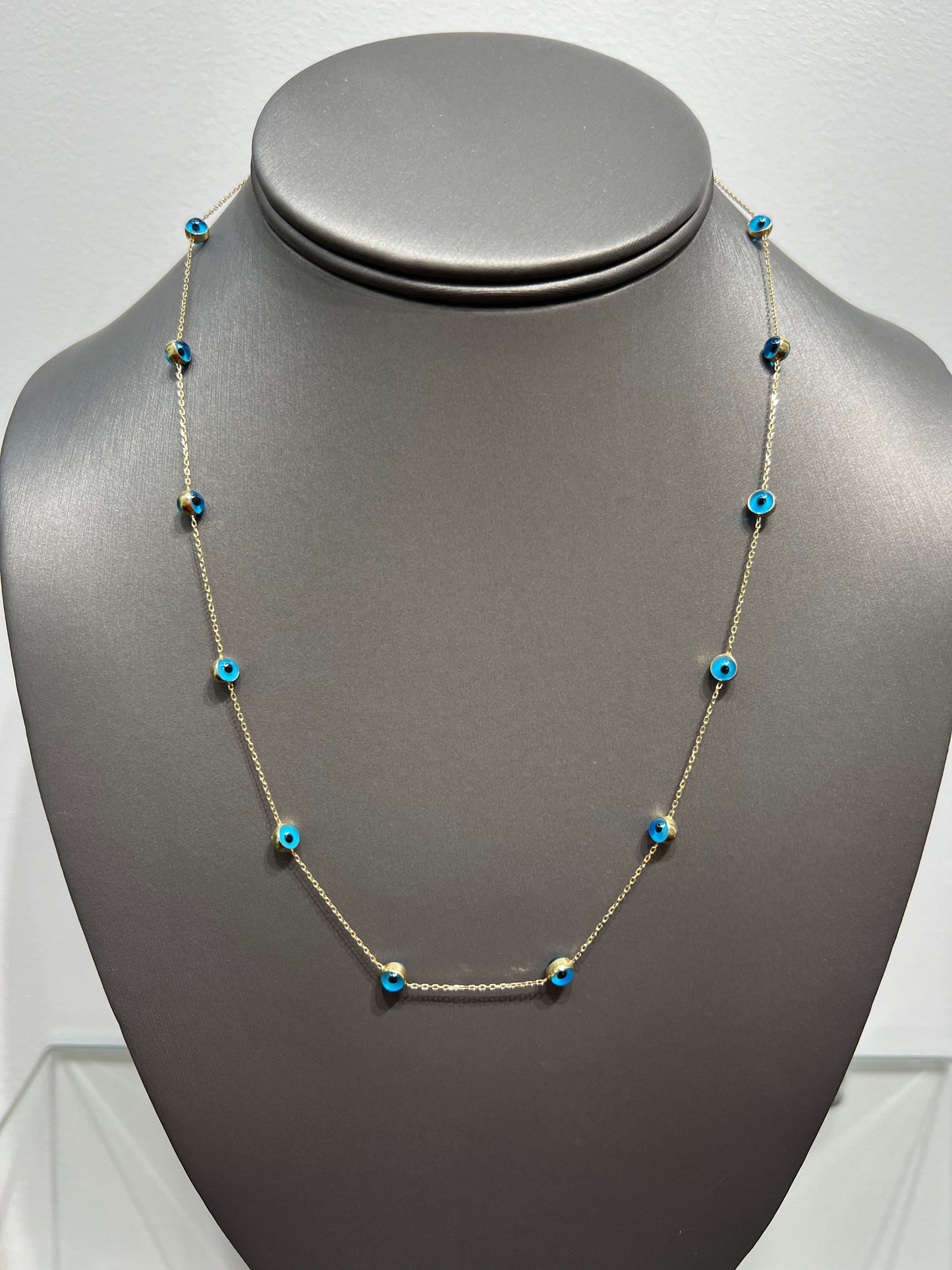 0090- NEW 14K Blue Evil Eye Beads Chain(0.63mm) W.G