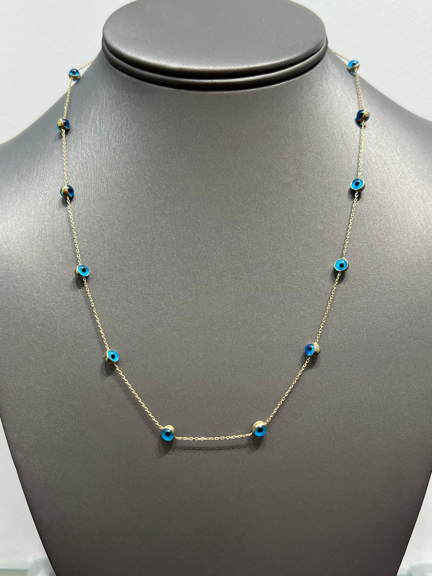 0090- NEW 14K Blue Evil Eye Beads Chain(0.63mm) W.G