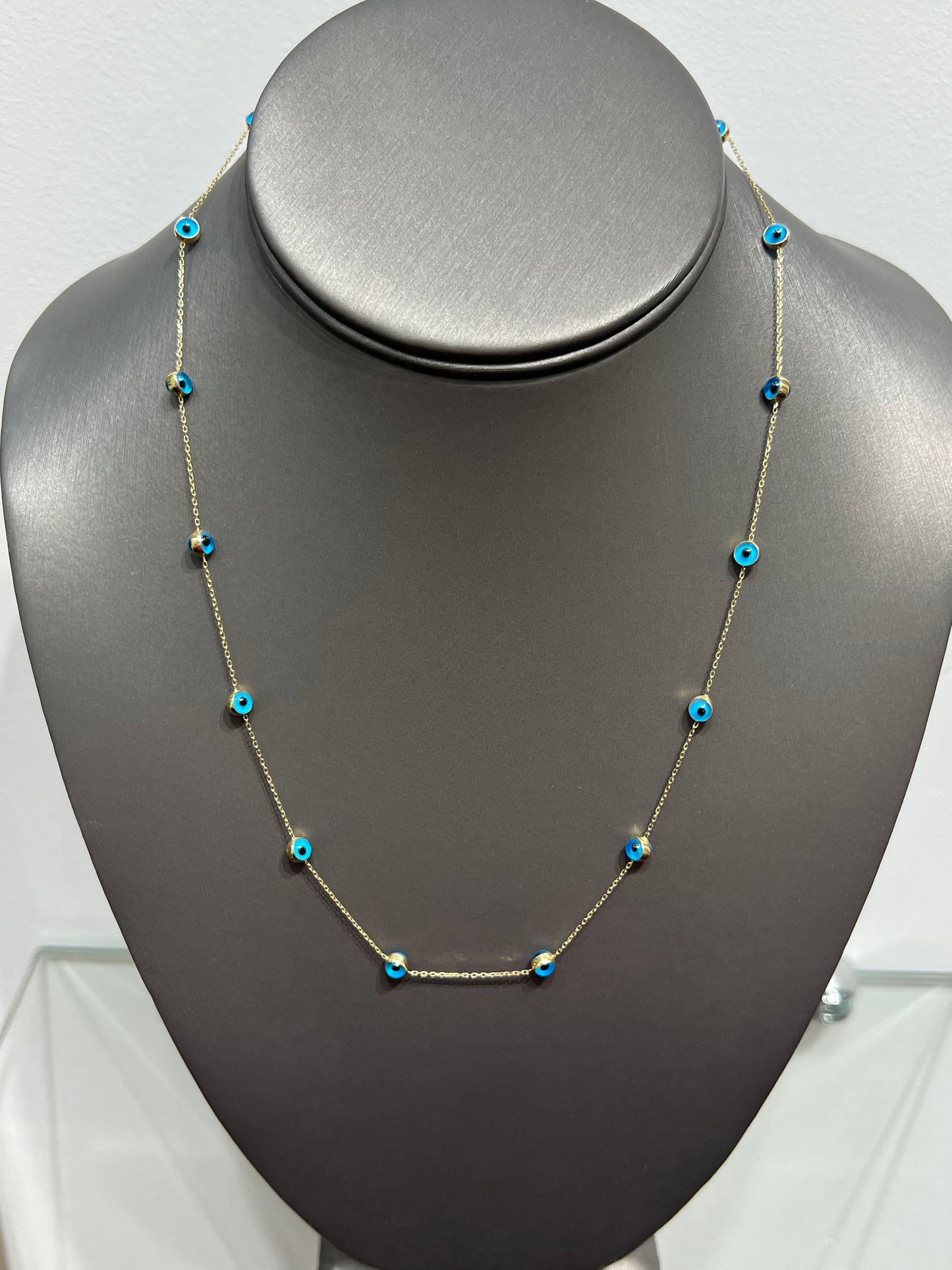 0090- NEW 14K Blue Evil Eye Beads Chain(0.63mm) W.G