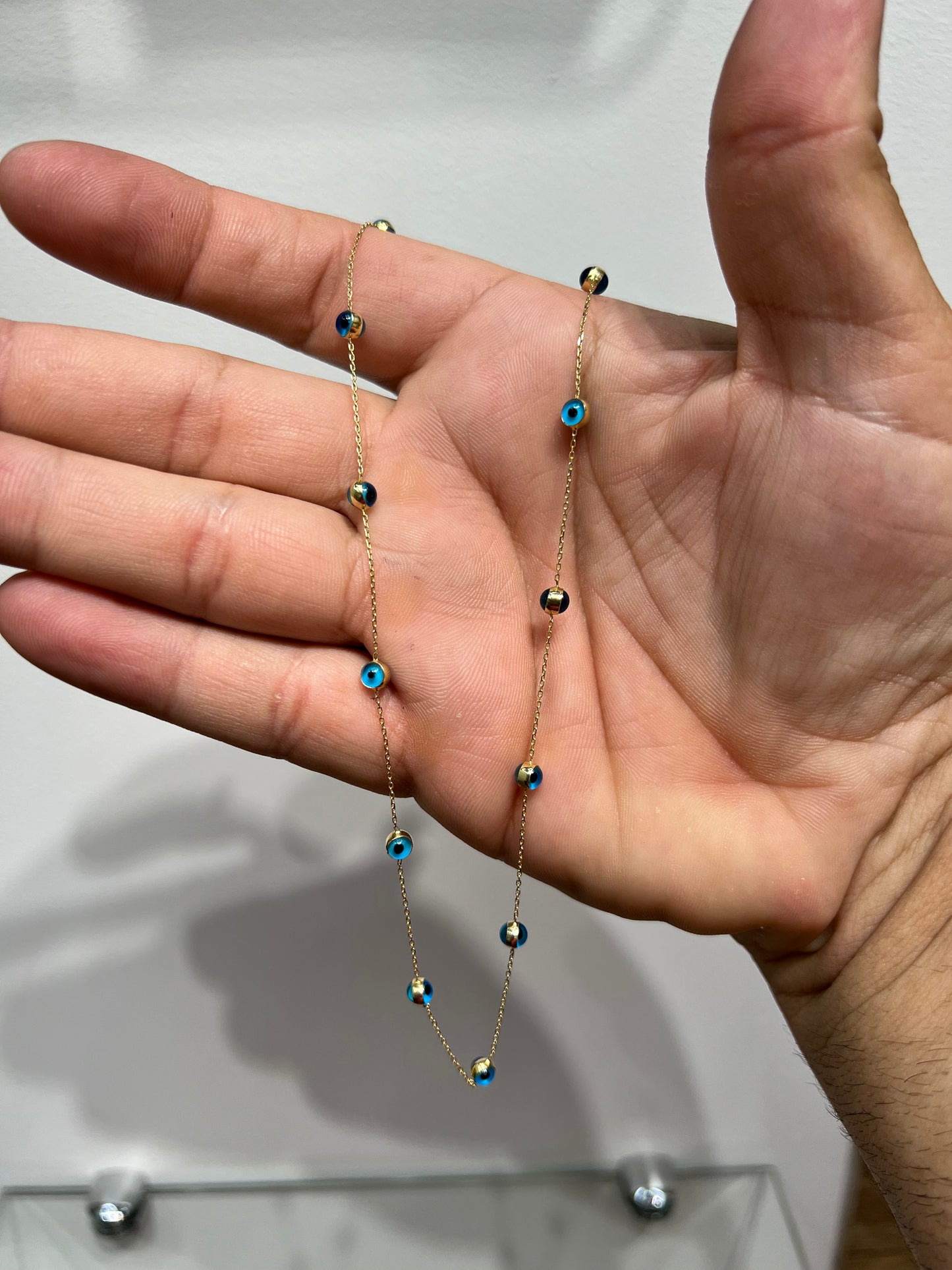 0090- NEW 14K Blue Evil Eye Beads Chain(0.63mm) W.G