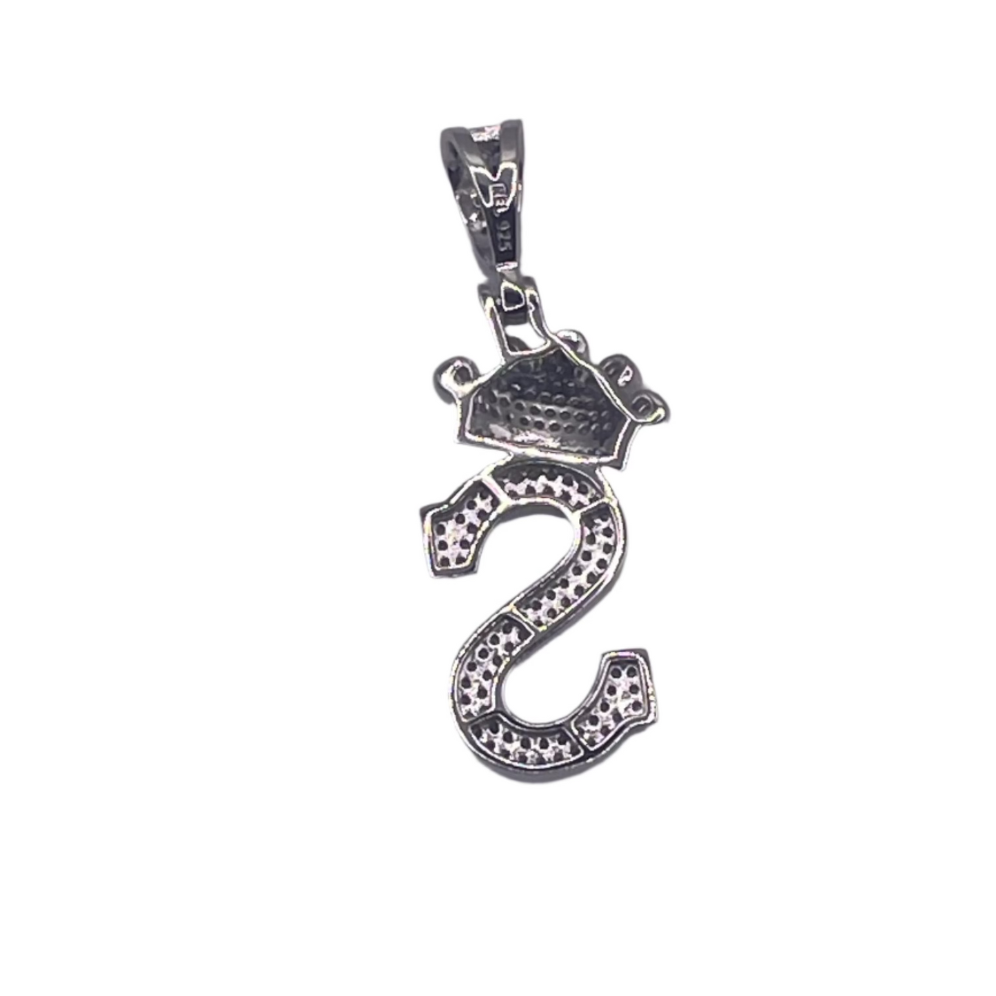 S814- NEW .925 Sterling Silver Letter S Crown Pendant W.G