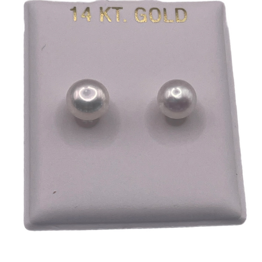 800- NEW 14K Yellow Gold Imitation Pearl Stud Earrings (7MM) W.G