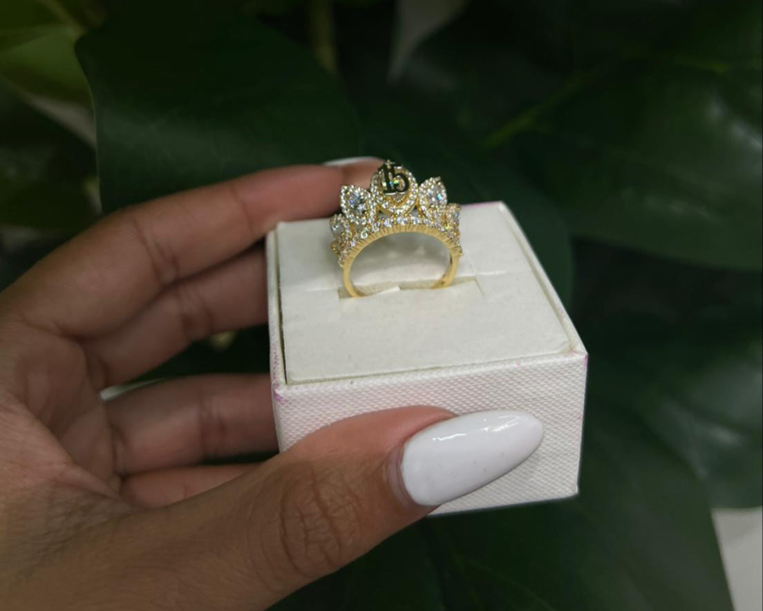 008- NEW 14K Full Cz Quinceañera Crown Ring W.G