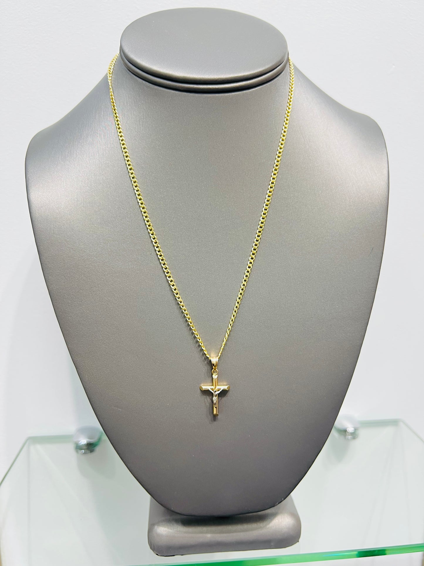 C35 - NEW 14K Hollow Cuban Chain & Crucifix Pendant Set W.G