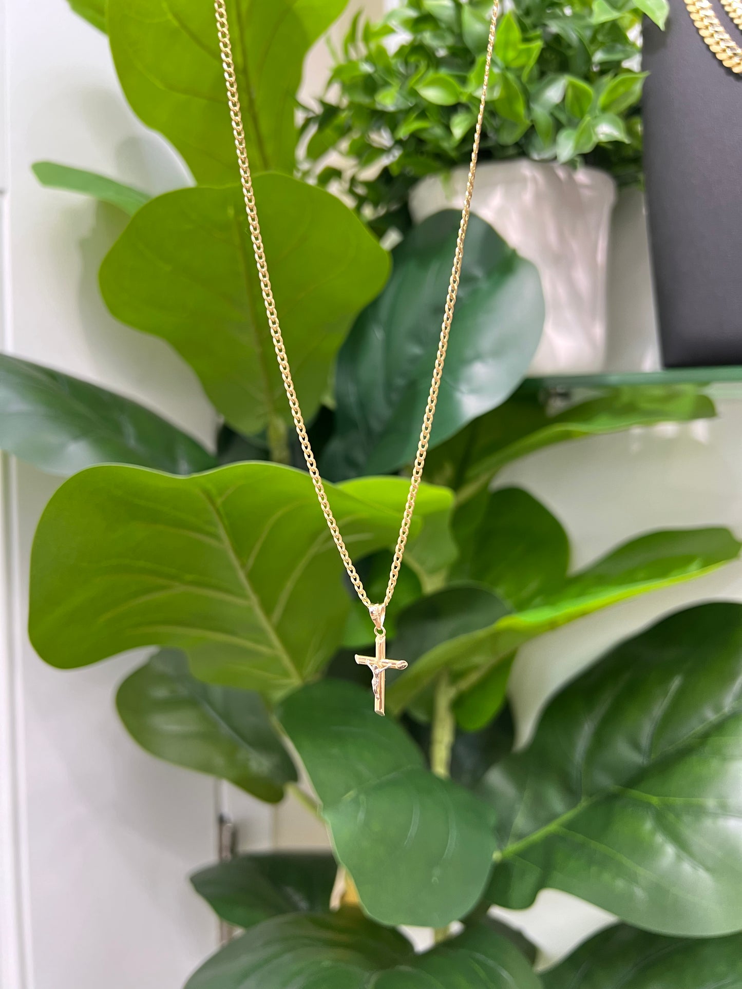 C35 - NEW 14K Hollow Cuban Chain & Crucifix Pendant Set W.G