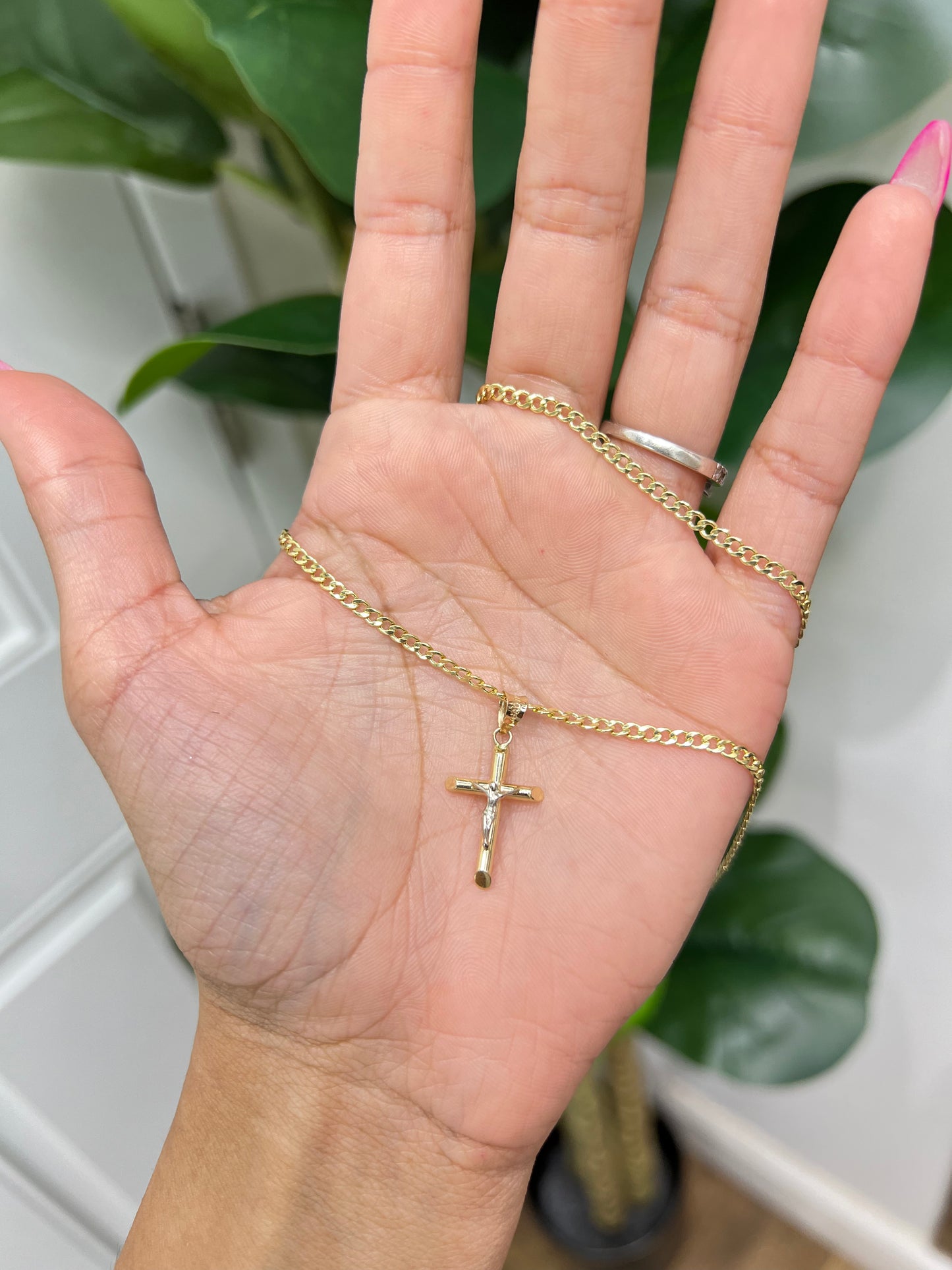 C35 - NEW 14K Hollow Cuban Chain & Crucifix Pendant Set W.G
