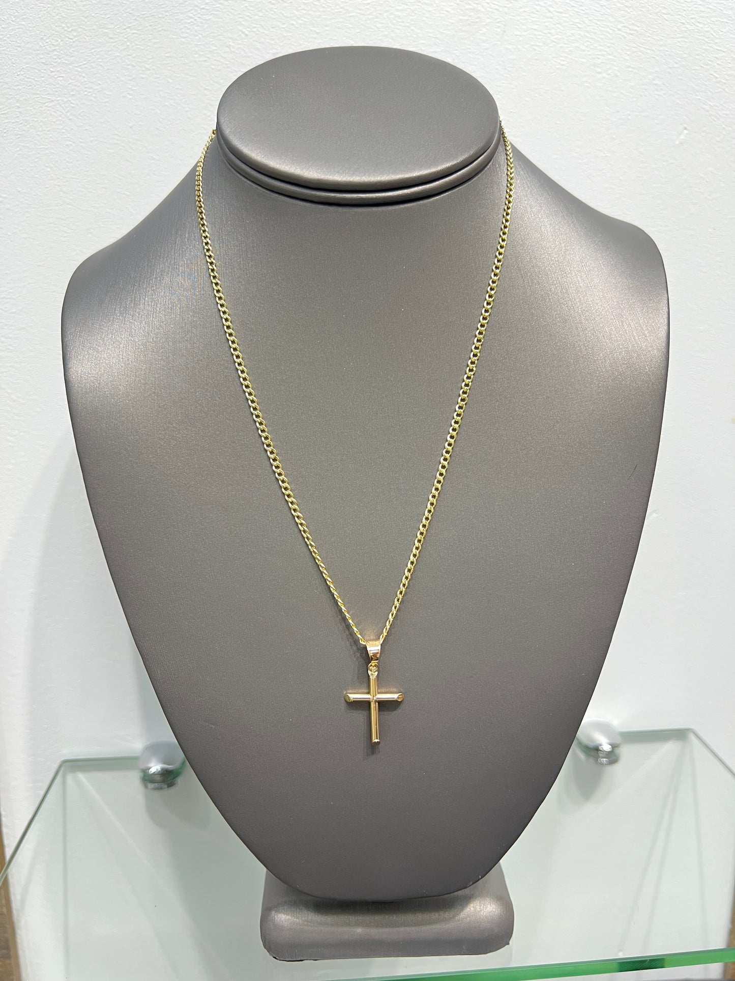 C34- 14K Hollow Cuban Chain & Cross Pendant Set W.G
