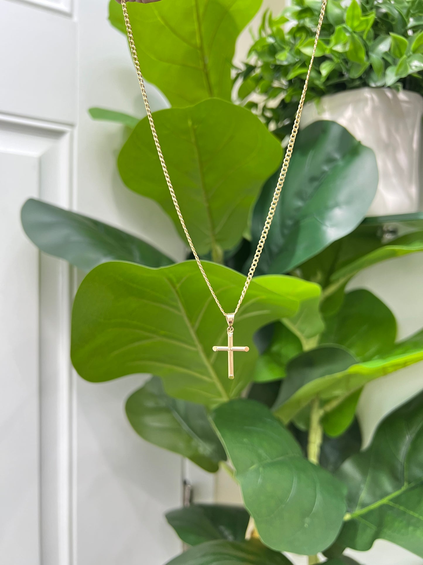 C34- 14K Hollow Cuban Chain & Cross Pendant Set W.G