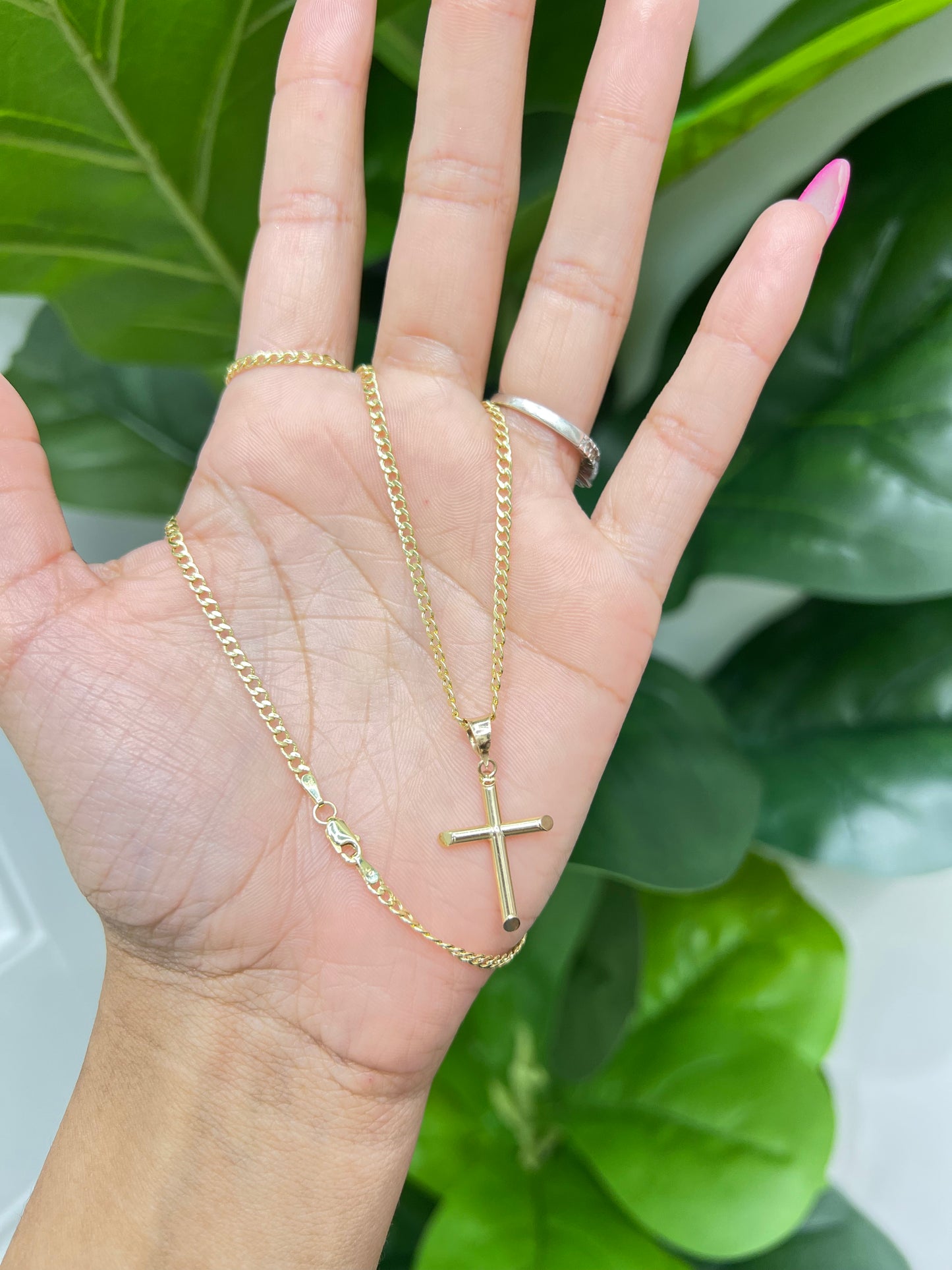 C34- 14K Hollow Cuban Chain & Cross Pendant Set W.G