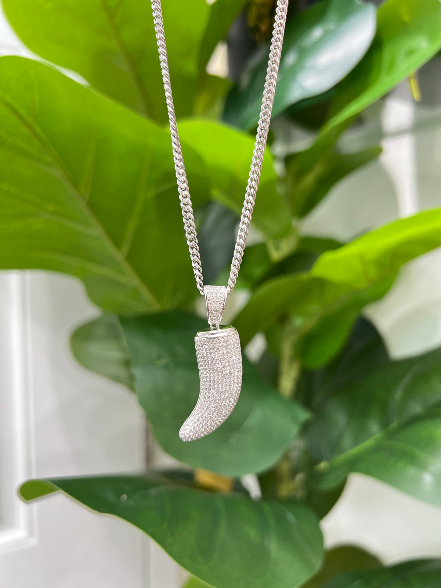 S400- 925 Sterling Silver Full CZ Tiger Tooth Pendant W.G