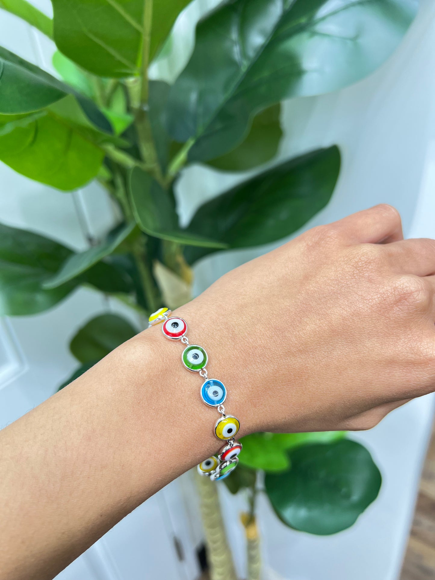 S423- NEW .925 Sterling Silver Colorful Evil Eye Bracelet W.G