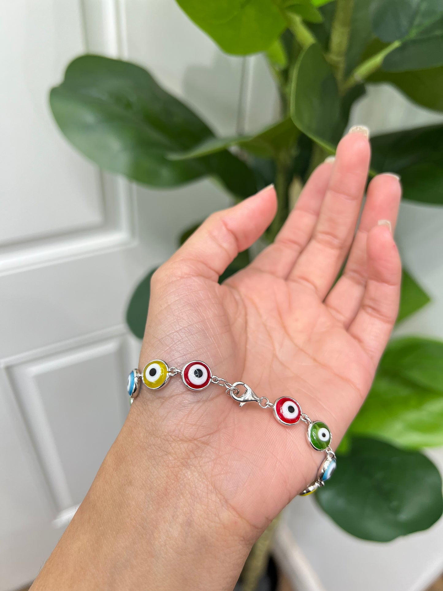 S423- NEW .925 Sterling Silver Colorful Evil Eye Bracelet W.G