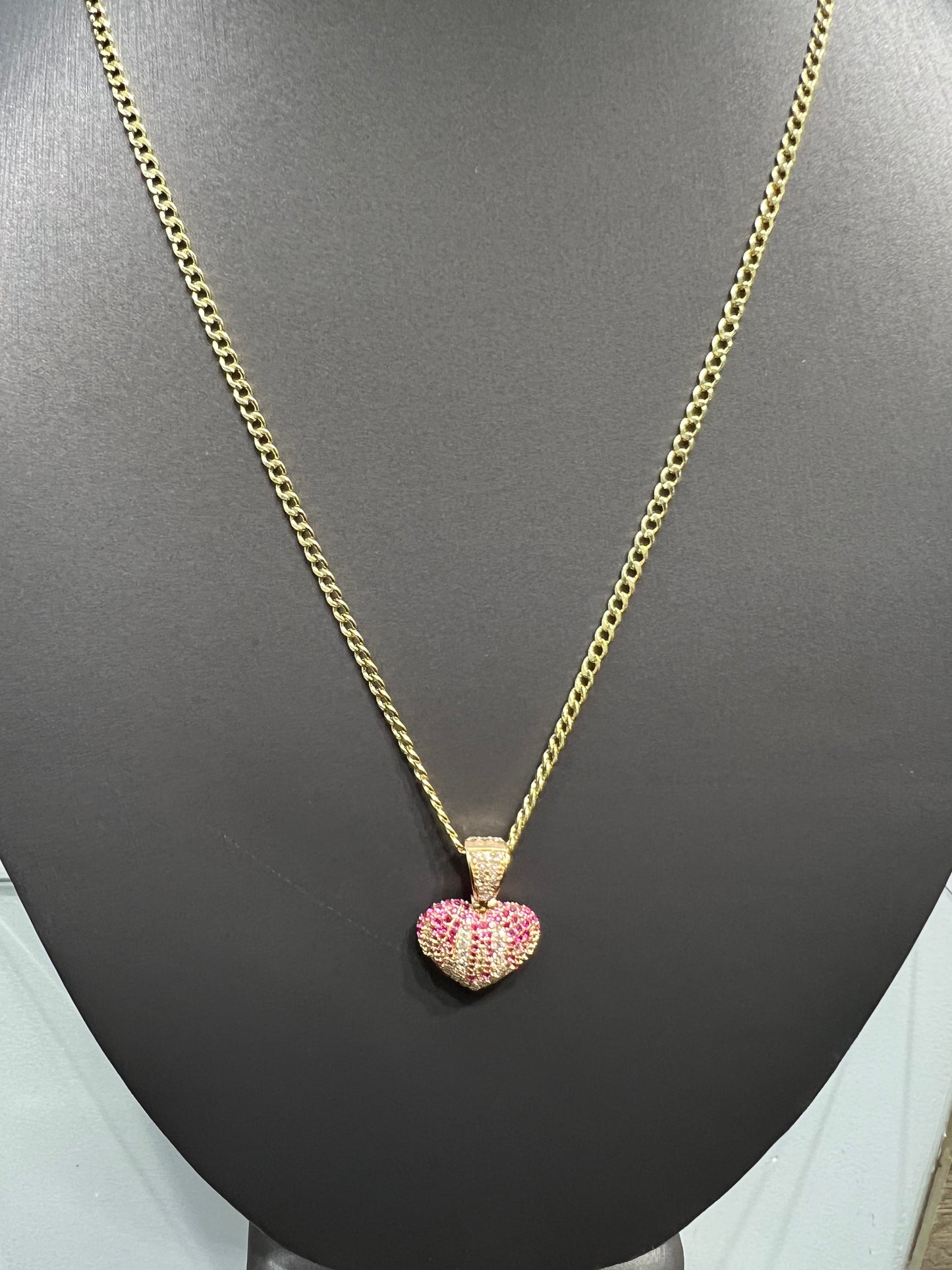 C46- NEW 14K Cuban Curb Chain 18” & Heart Full Cz Pendant Set