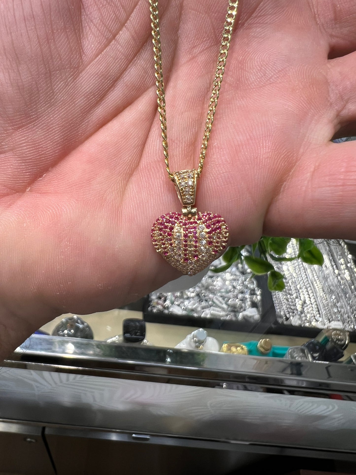 C46- NEW 14K Cuban Curb Chain 18” & Heart Full Cz Pendant Set