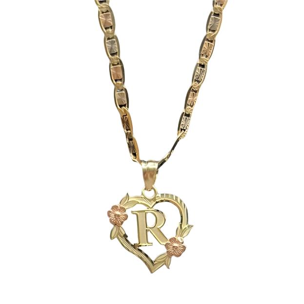 00177- Colgante en forma de corazón con la letra “R” de oro de 14 quilates