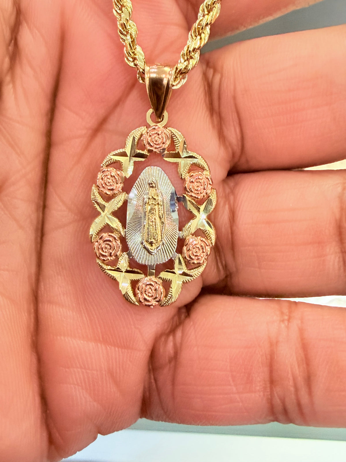 C78- NEW 14K Hollow Rope Chain 22” 3mm & 14K Tri Color Gold Our Lady of Guadalupe Pendant Set W.G