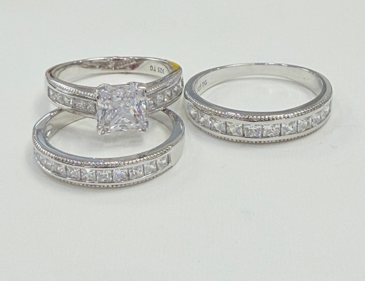 S1134- NEW .925 Sterling Silver Square Wedding Rings (3) Set W.G