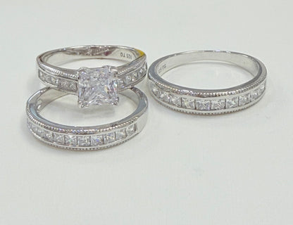 S1134- NEW .925 Sterling Silver Square Wedding Rings (3) Set W.G