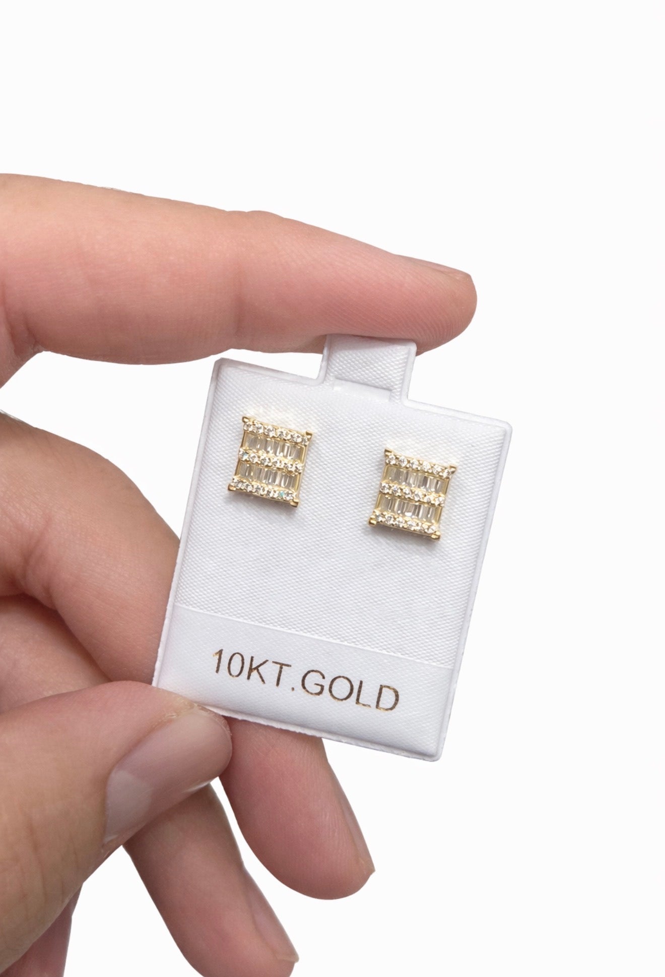 1460- NEW 10K Square Full Cz & Baguette Cut Earrings (9.5mm) W.G