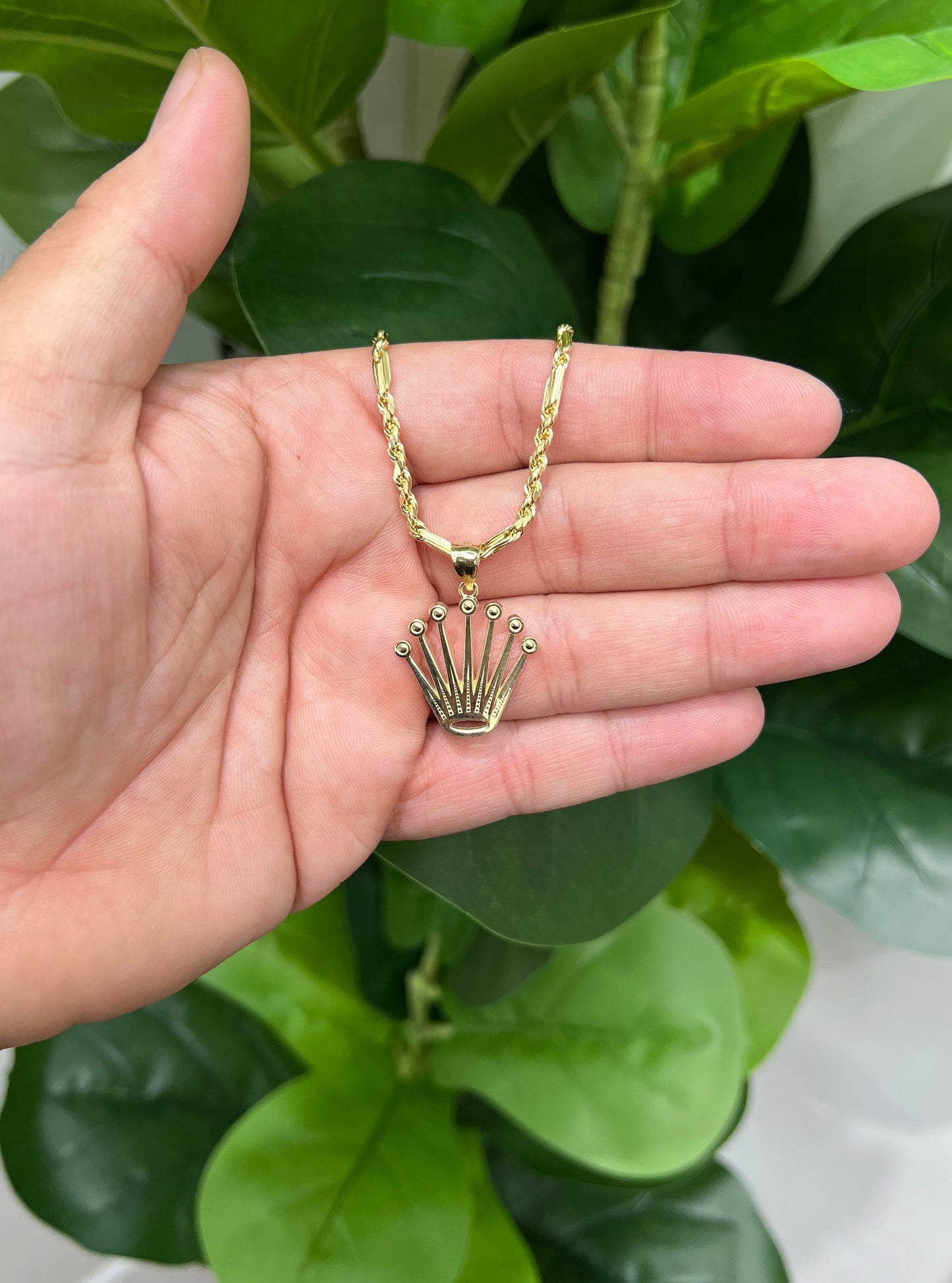 C51- NEW 10K Milano Chain & Rolex Crown Pendant SET W.G