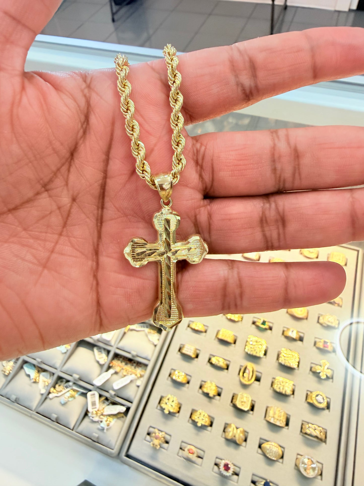 C48- NEW 10K Rope Chain 24” (4.2mm) & 10K Cross Pendant Set W.G