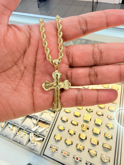 C48- NEW 10K Rope Chain 24” (4.2mm) & 10K Cross Pendant Set W.G