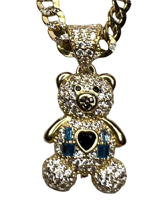 0052- 14K Yellow Gold Bear & Blue Heart Pendant