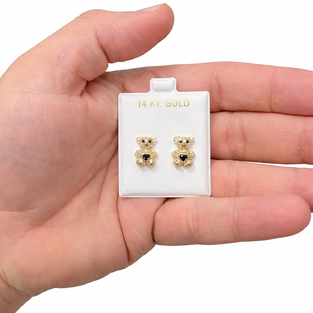 1203- NEW 14K Gold Teddy Bear Full Cz Navy Blue Cz Stone Earrings (9.8mm)W.G