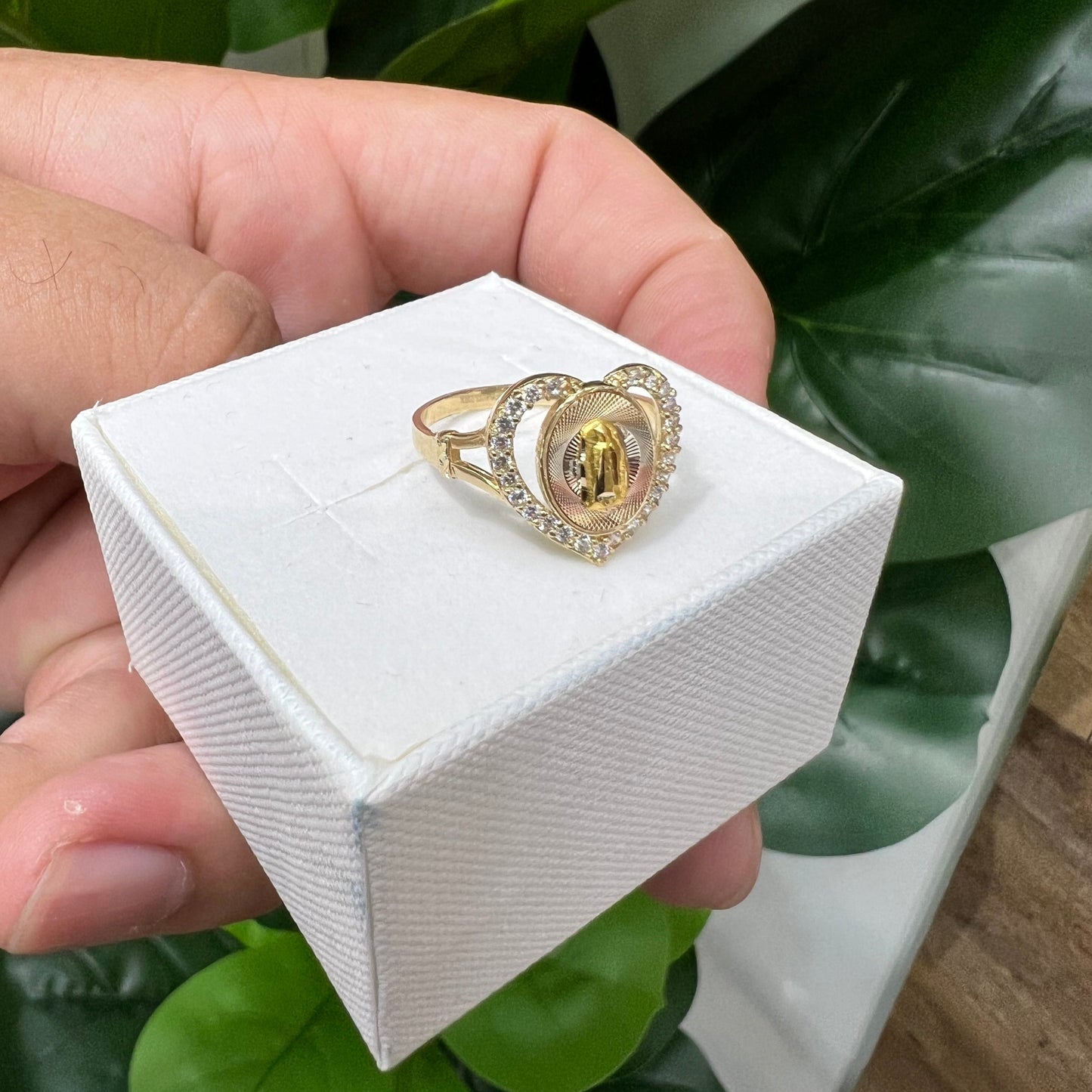 1189-NEW 14K Heart Shape Our Lady Of Guadalupe Ring W.G