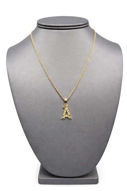 C63- 10K Hollow Cuban Curb Chain 18” 2.5mm & 10K Letter A Nugget Pendant W.G