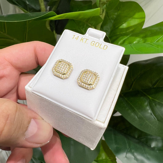 1365- NEW 14K Gold Square Full Cz Stud Earrings (10mm) W.G