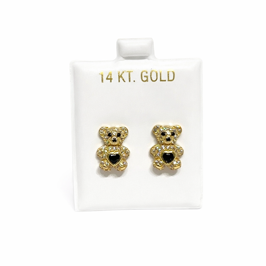 1203- NEW 14K Gold Teddy Bear Full Cz Navy Blue Cz Stone Earrings (9.8mm)W.G