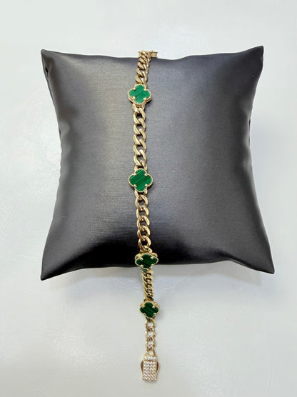 1813- NEW 14K Hollow Green Trebol Bracelet 7.5” (9.2mm) W.G