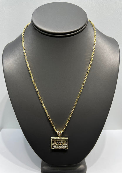 C57- NEW 10K Hollow Milano Chain & The Last Supper Square Pendant SET W.G